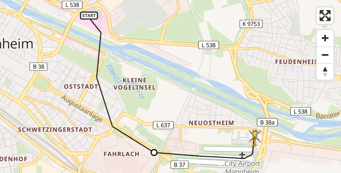 Flugroute Rettungshubschrauber Mannheim - Mannheim-City Flughafen, 28 Juli 2026, 11:19