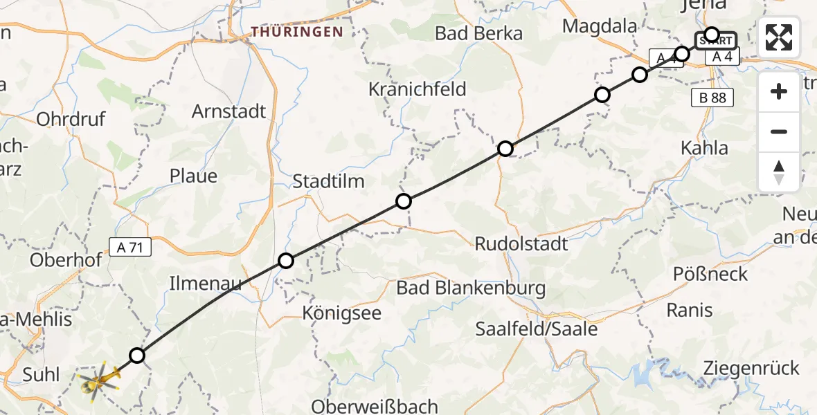 Flugroute Rettungshubschrauber Lobeda Hubschrauberlandeplatz - Suhl, 28 Juli 2026, 11:22