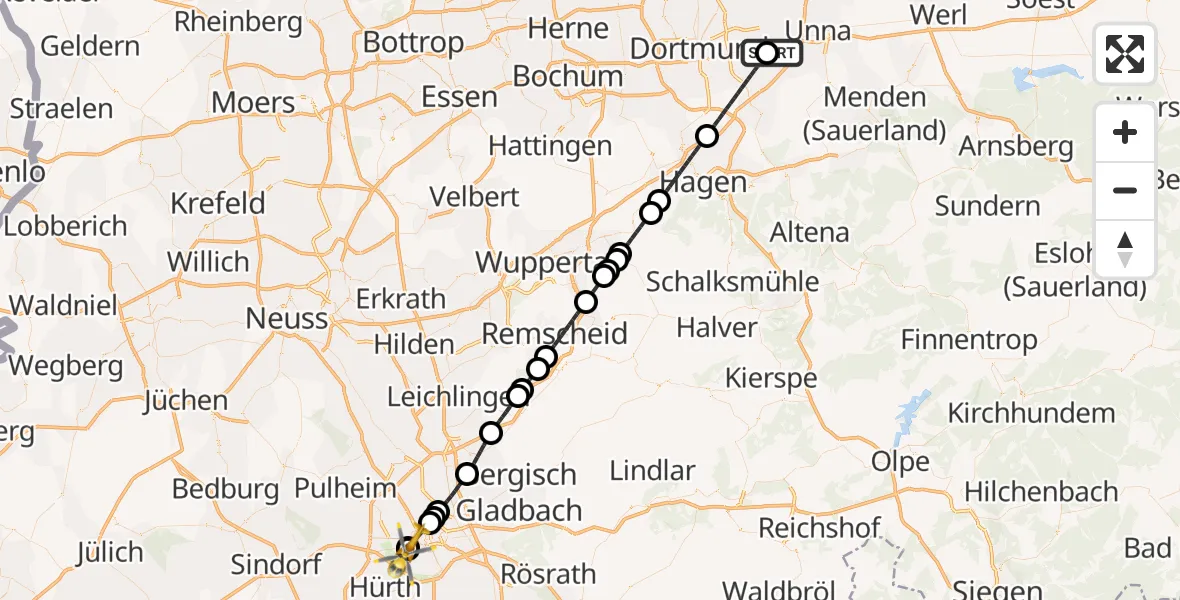 Flugroute Rettungshubschrauber Dortmund Flughafen - Köln University Hospital, 28 Juli 2026, 11:22