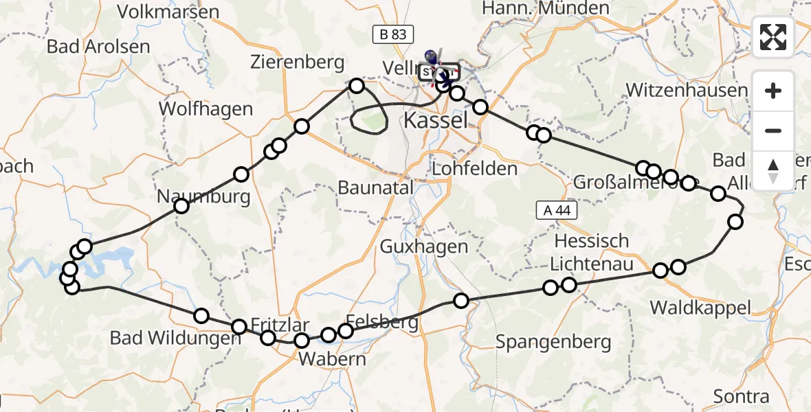 Flugroute Polizeihubschrauber Fuldatal Bundespolizei Hubschrauberlandeplatz - Fuldatal Bundespolizei Hubschrauberlandeplatz, 28 Juli 2026, 11:27