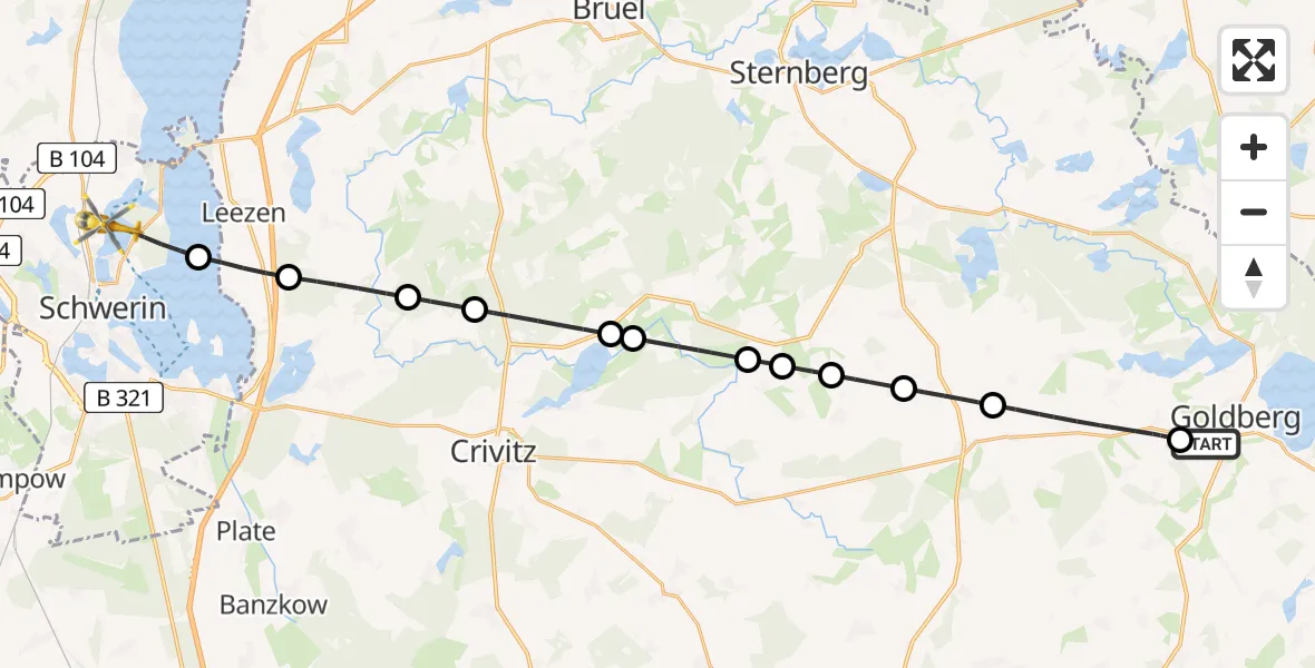 Flugroute Rettungshubschrauber Goldberg - Schwerin, 28 Juli 2026, 11:29