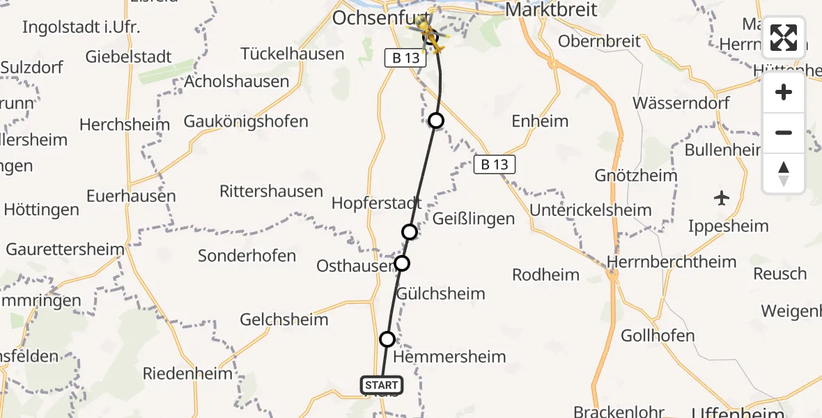 Flugroute Rettungshubschrauber Aub - Ochsenfurt Hospital, 28 Juli 2026, 11:30