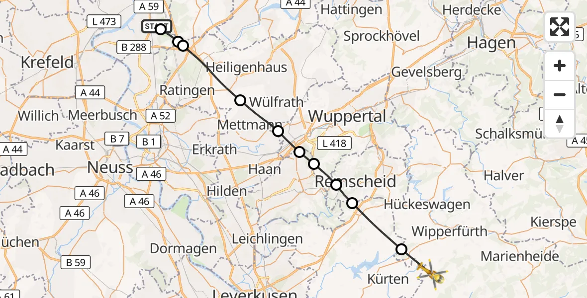 Flugroute Rettungshubschrauber Duisburg Air Rescue Hubschrauberlandeplatz (Christoph 9) - Wipperfürth, 28 Juli 2026, 11:31