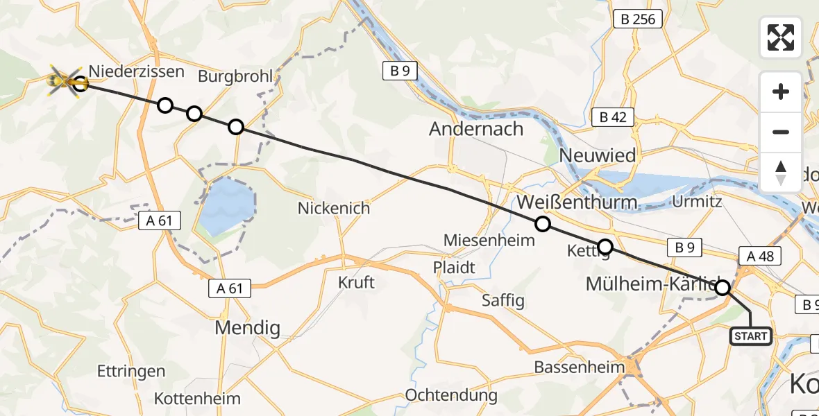 Flugroute Rettungshubschrauber Koblenz - Niederdürenbach, 28 Juli 2026, 11:31