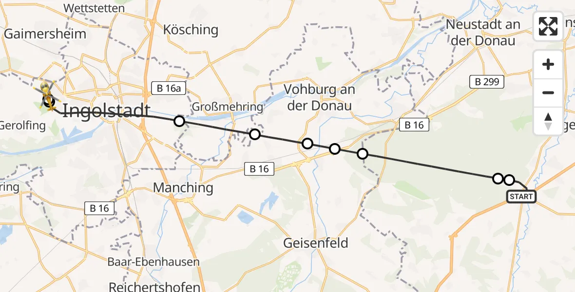 Flugroute Rettungshubschrauber Elsendorf - Ingolstadt Hospital, 28 Juli 2026, 11:37