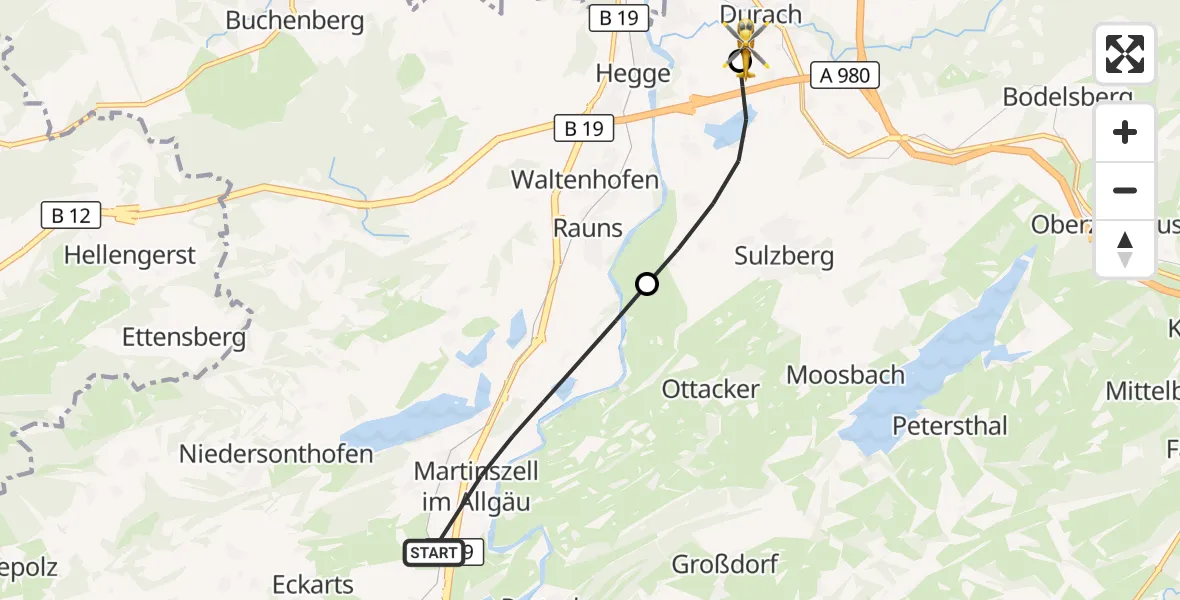 Flugroute Rettungshubschrauber Waltenhofen - Kempten-Durach Flugplatz, 28 Juli 2026, 11:41