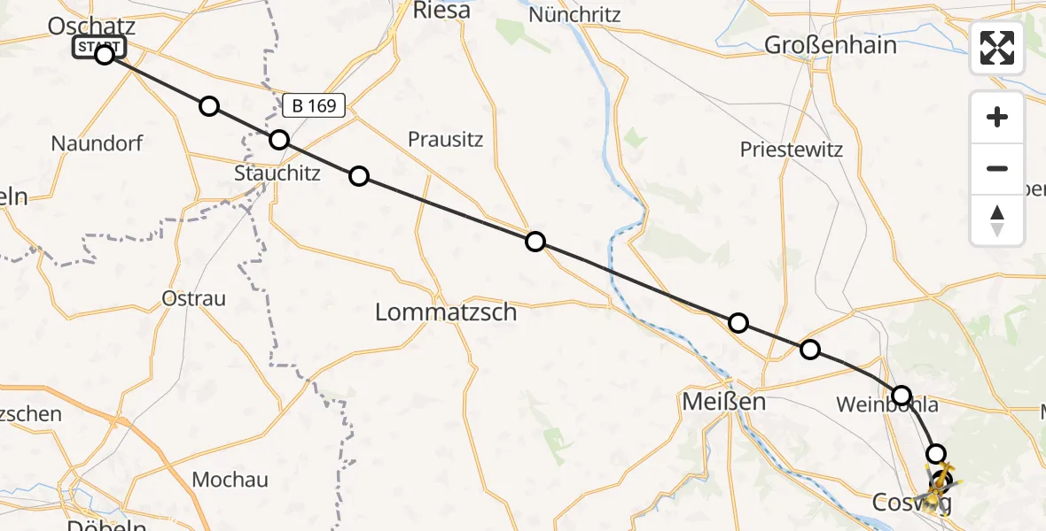 Flugroute Rettungshubschrauber Collm Klinik Oschatz Hubschrauberlandeplatz - Coswig Specialty Hospital, 28 Juli 2026, 11:43