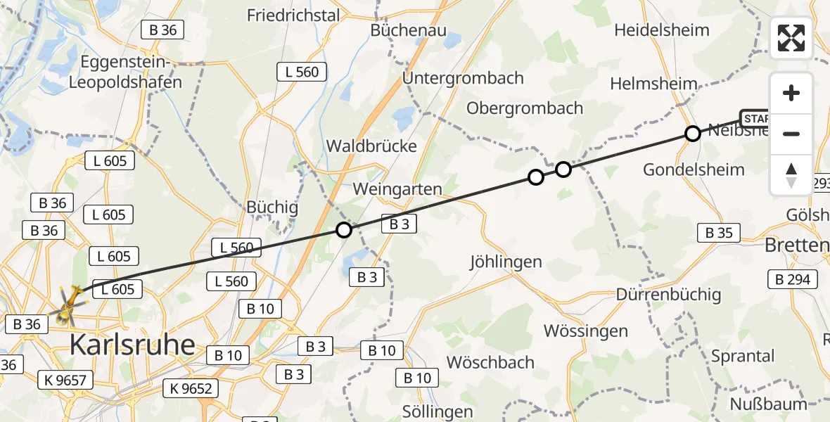 Flugroute Rettungshubschrauber Bretten - Karlsruhe, 28 Juli 2026, 11:51