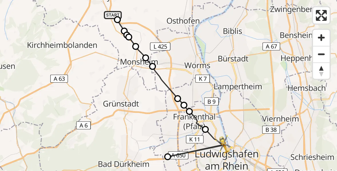 Flugroute Ambulanzhubschrauber Dintesheim - Ludwigshafen am Rhein, 28 Juli 2026, 11:51