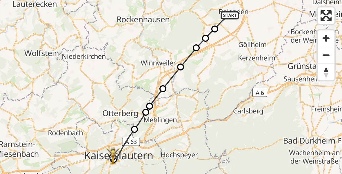 Flugroute Rettungshubschrauber Bolanden - Westpfalz Hospital Kaiserslautern, 28 Juli 2026, 11:52