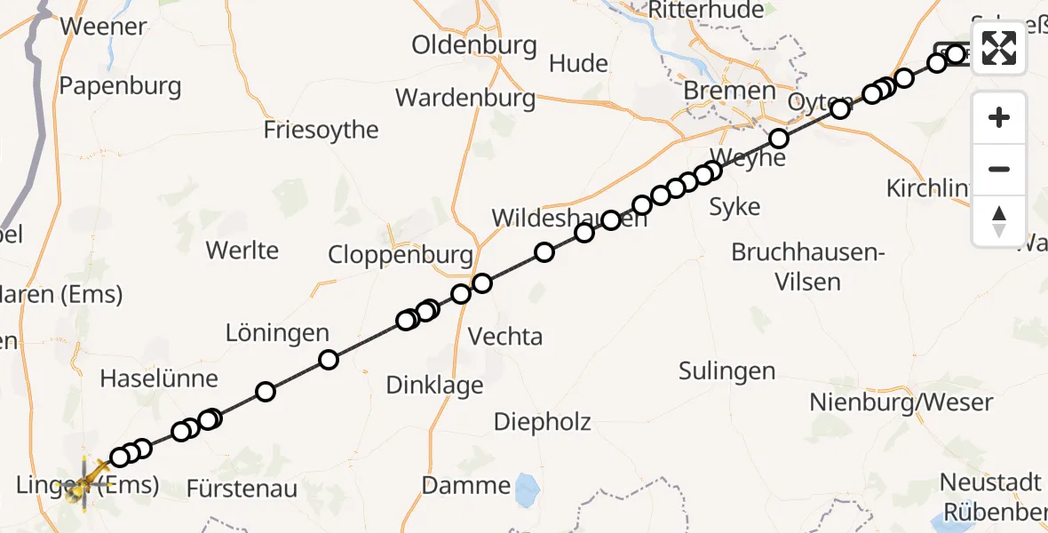 Flugroute Rettungshubschrauber Rotenburg (Wümme) Flugplatz - Lingen (Ems), 28 Juli 2026, 11:53