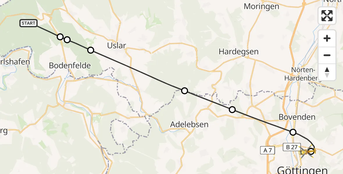 Flugroute Rettungshubschrauber Solling (Landkreis Northeim) - Göttingen University Clinic Hubschrauberlandeplatz, 28 Juli 2026, 11:53