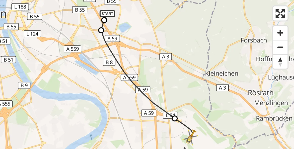 Flugroute Rettungshubschrauber Merheim Hospital - Köln Bonn Flughafen, 28 Juli 2026, 11:56