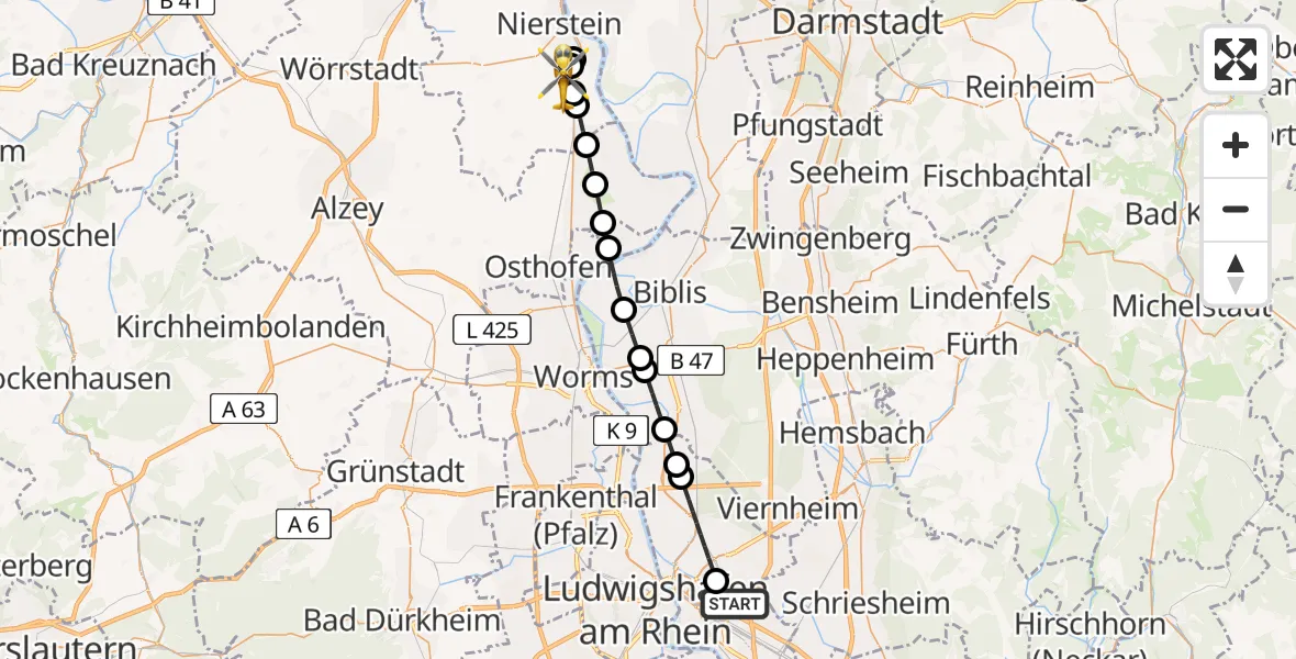 Flugroute Rettungshubschrauber Mannheim-City Flughafen - Dienheim, 28 Juli 2026, 11:56