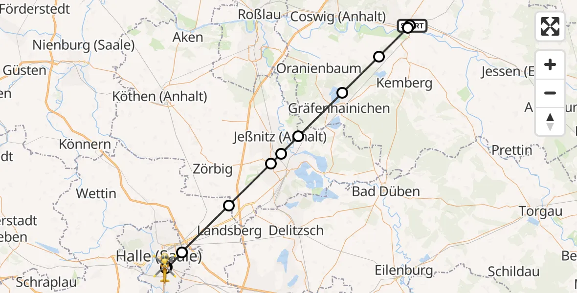 Flugroute Rettungshubschrauber Paul-Gerhardt-Stift Evangelical Hospital - BG Hospital Bergmannstrost Halle, 28 Juli 2026, 11:57