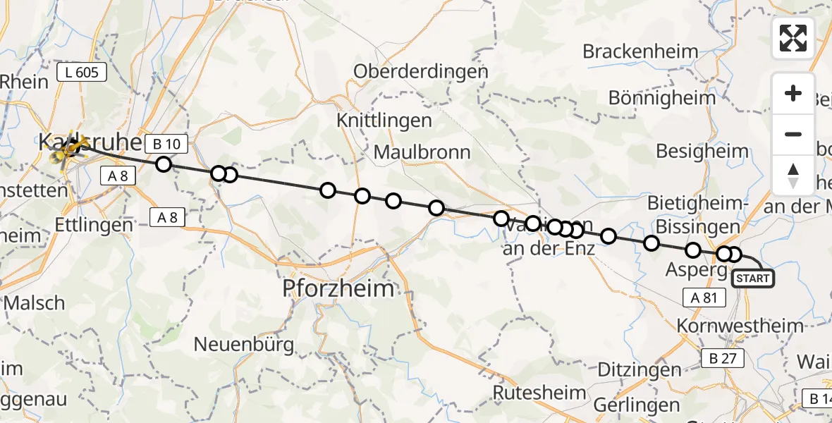 Flugroute Ambulanzhubschrauber Ludwigsburg - Sankt Vincentius Hospital, 28 Juli 2026, 11:59