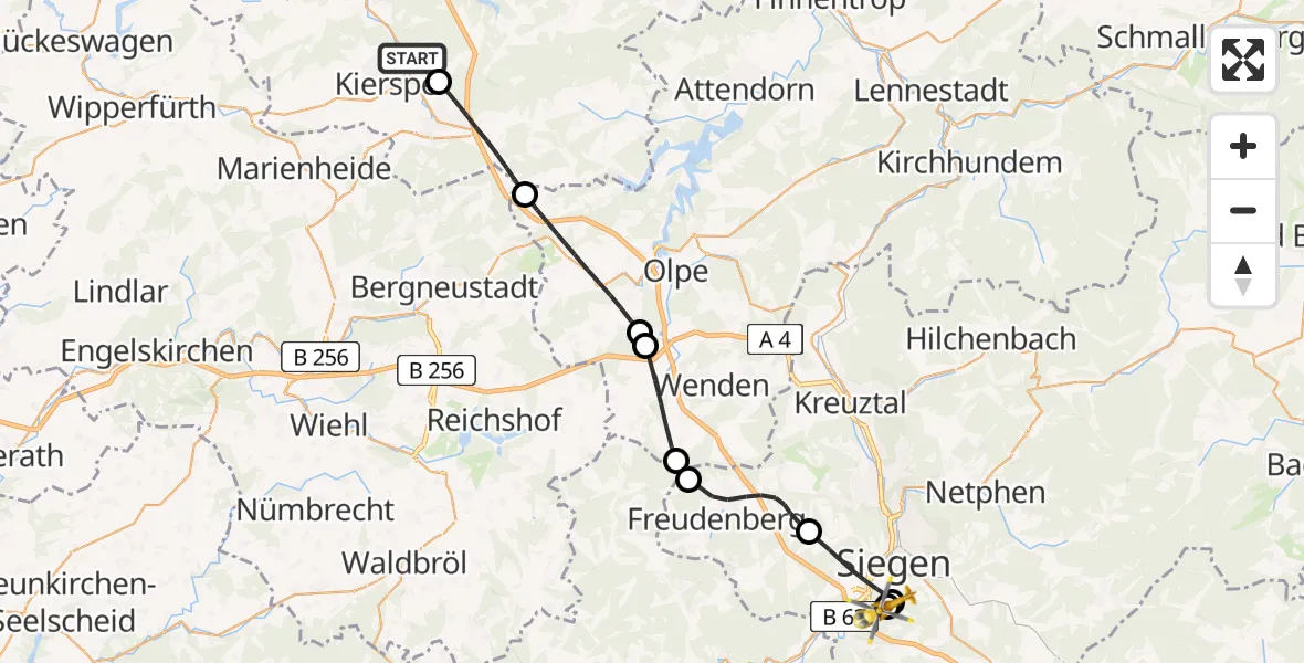 Flugroute Rettungshubschrauber Kierspe - Evangelisches Jung-Stilling Hospital, 28 Juli 2026, 12:00
