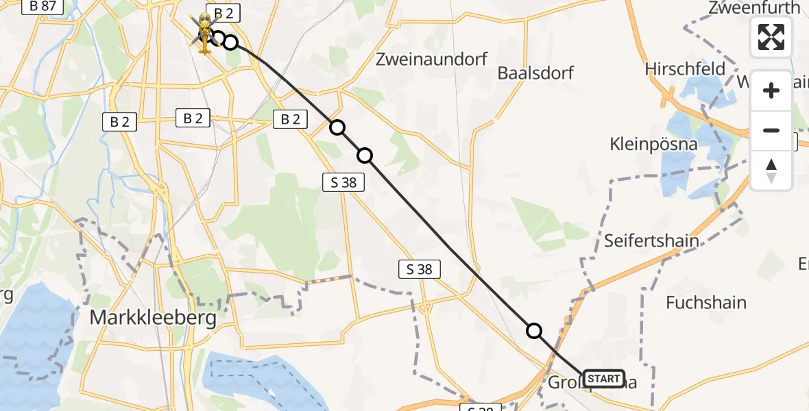 Flugroute Rettungshubschrauber Großpösna - Leipzig University Hospital Heliport 1, 28 Juli 2026, 12:01