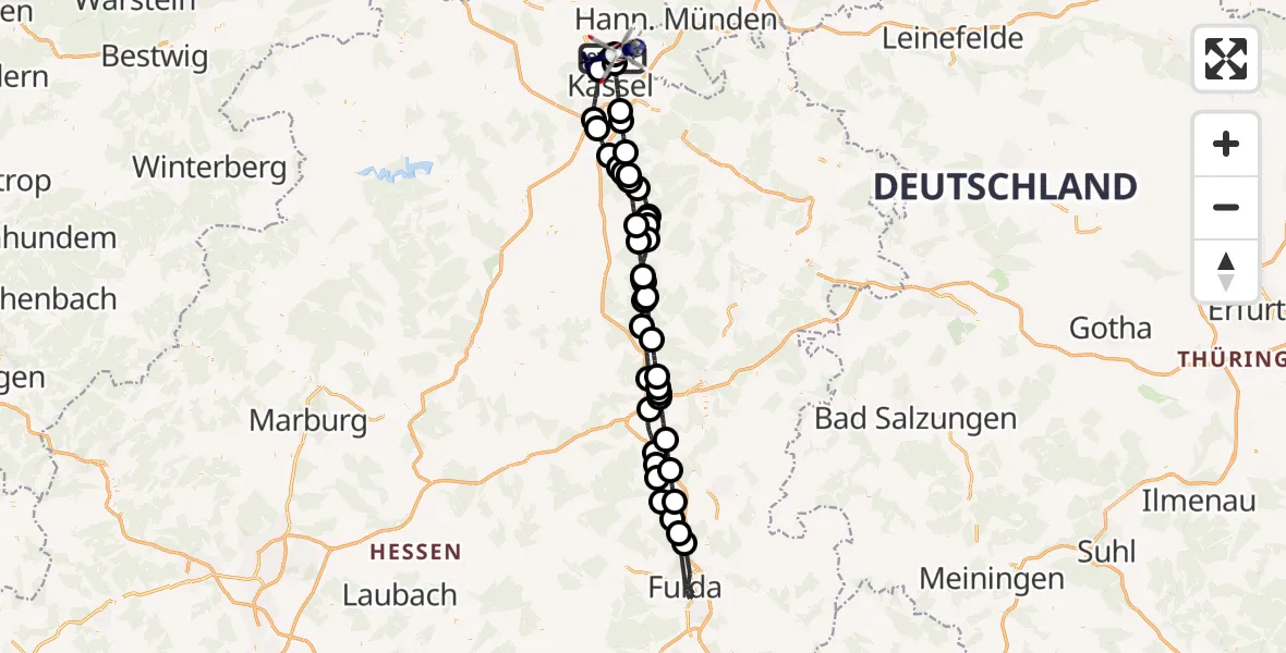 Flugroute Polizeihubschrauber Fuldatal Bundespolizei Hubschrauberlandeplatz - Fuldatal Bundespolizei Hubschrauberlandeplatz, 28 Juli 2026, 12:07