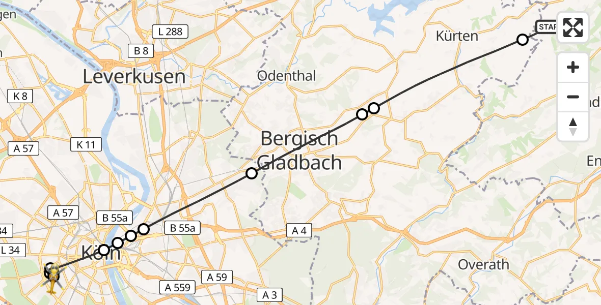 Flugroute Rettungshubschrauber Wipperfürth - Köln University Hospital, 28 Juli 2026, 12:10