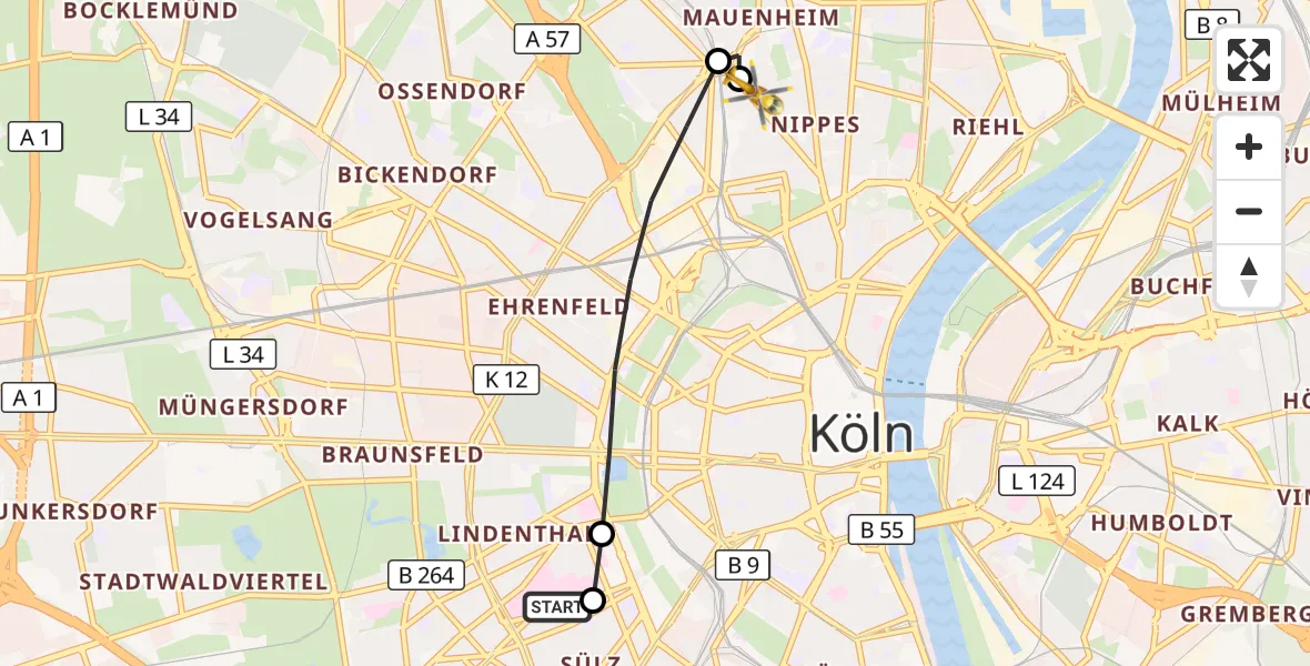 Flugroute Rettungshubschrauber Köln University Hospital - Sankt Vinzenz Hospital, 28 Juli 2026, 12:10