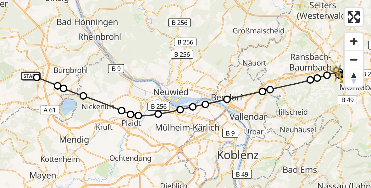 Flugroute Rettungshubschrauber Oberzissen - Dernbach Sacred Heart Hospital, 28 Juli 2026, 12:16