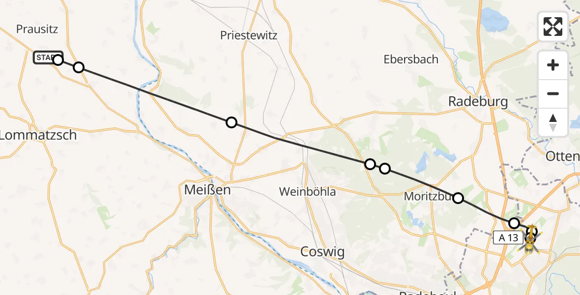 Flugroute Rettungshubschrauber Hirschstein - Dresden Bundespolizei Hubschrauberlandeplatz, 28 Juli 2026, 12:26