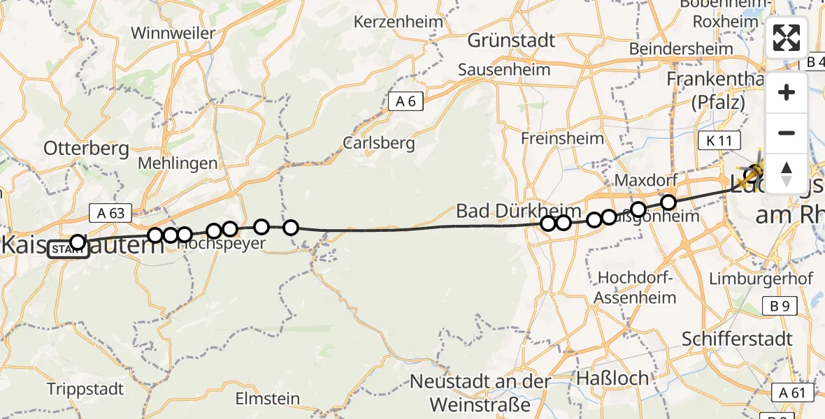 Flugroute Rettungshubschrauber Westpfalz Hospital Kaiserslautern - Ludwigshafen Accident Hospital, 28 Juli 2026, 12:27