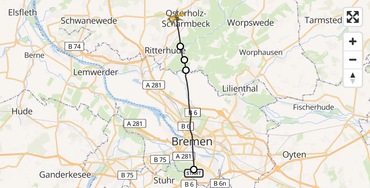 Flugroute Rettungshubschrauber ADAC Air Rescue Station Bremen Hubschrauberlandeplatz (Christoph 6) - Osterholz-Scharmbeck, 28 Juli 2026, 12:30