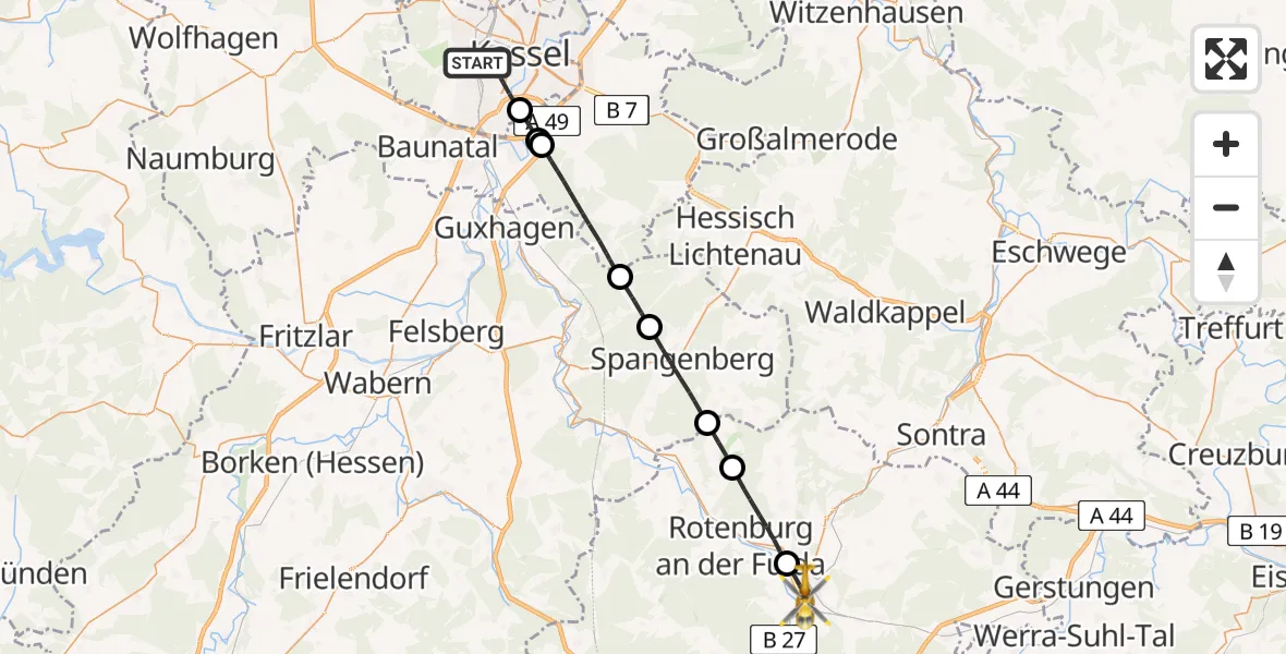 Flugroute Rettungshubschrauber Kassel - Bebra, 28 Juli 2026, 12:30