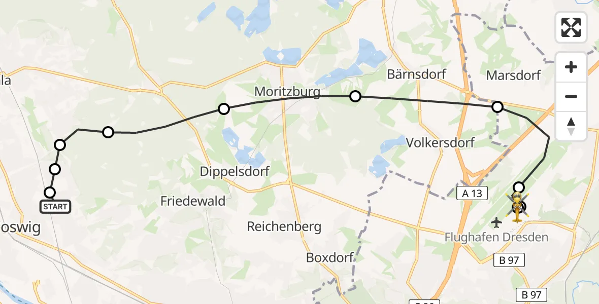Flugroute Rettungshubschrauber Coswig Specialty Hospital - Dresden Flughafen, 28 Juli 2026, 12:31