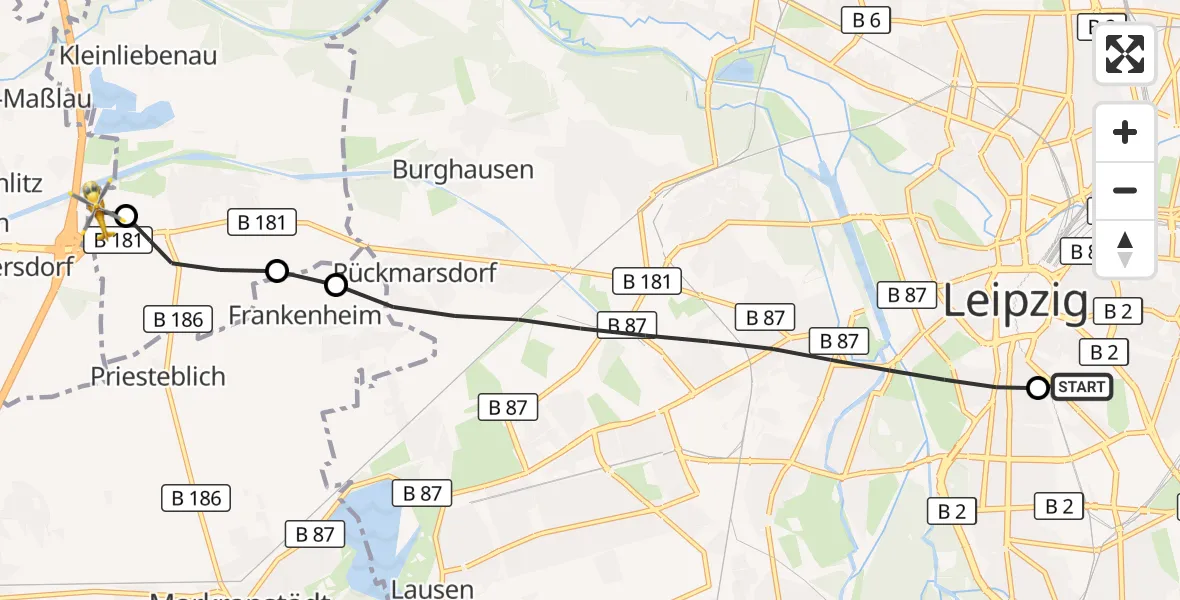 Flugroute Rettungshubschrauber Leipzig University Hospital Heliport 1 - ADAC Air Rescue Station Leipzig/Schkeuditz-Dölzig Hubschrauberlandeplatz (Christoph 61), 28 Juli 2026, 12:31