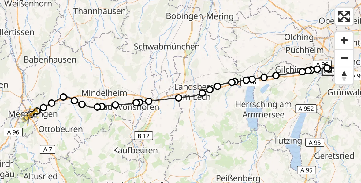 Flugroute Rettungshubschrauber DRF Air Rescue München Hubschrauberlandeplatz - Memmingen Hospital, 28 Juli 2026, 12:31