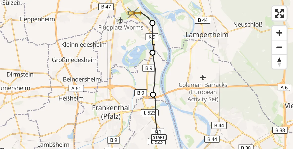 Flugroute Ambulanzhubschrauber Ludwigshafen am Rhein - Worms, 28 Juli 2026, 12:32