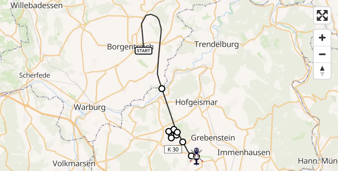 Flugroute Polizeihubschrauber Borgentreich - Kassel Flughafen, 28 Juli 2026, 12:38