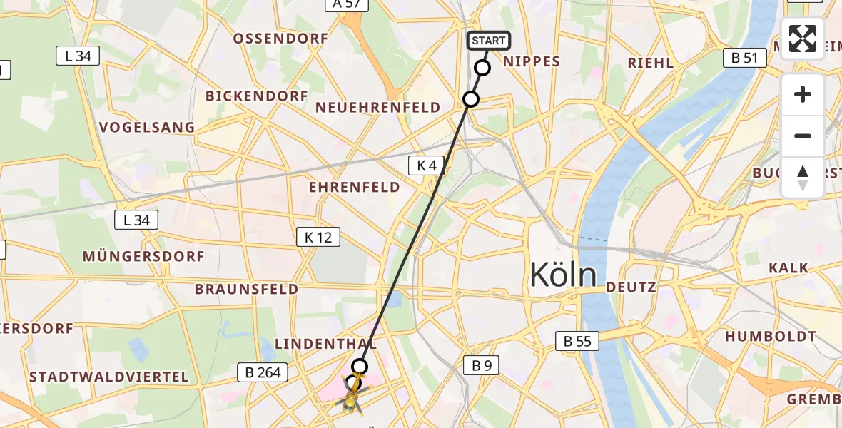 Flugroute Rettungshubschrauber Sankt Vinzenz Hospital - Köln University Hospital, 28 Juli 2026, 12:42