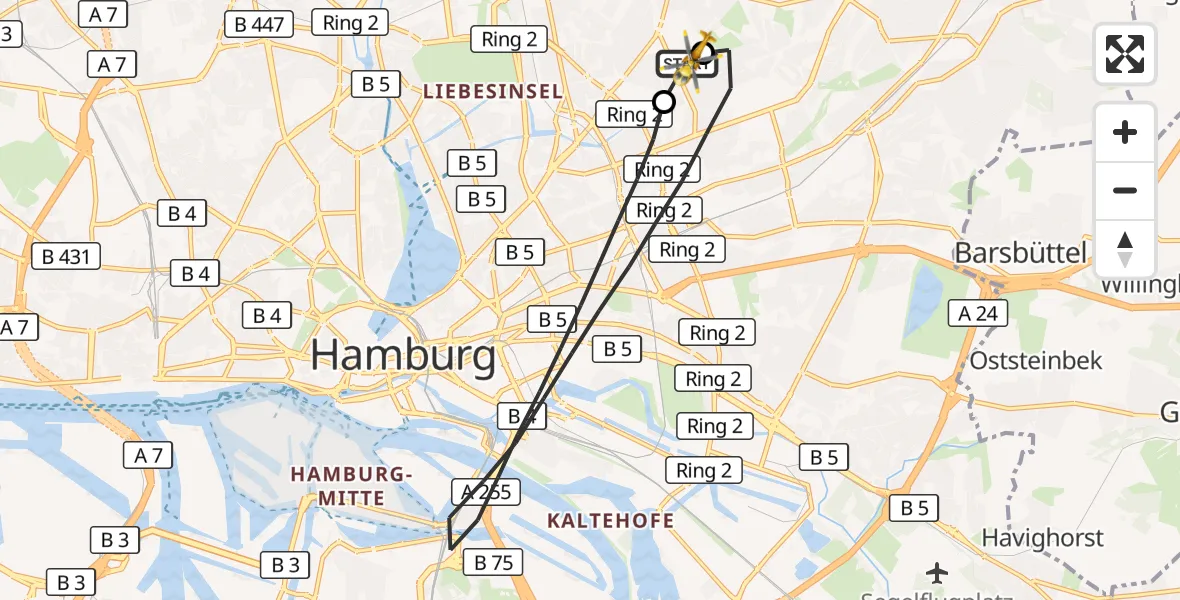 Flugroute Rettungshubschrauber Hamburg Military Hospital - Hamburg Military Hospital, 28 Juli 2026, 12:42