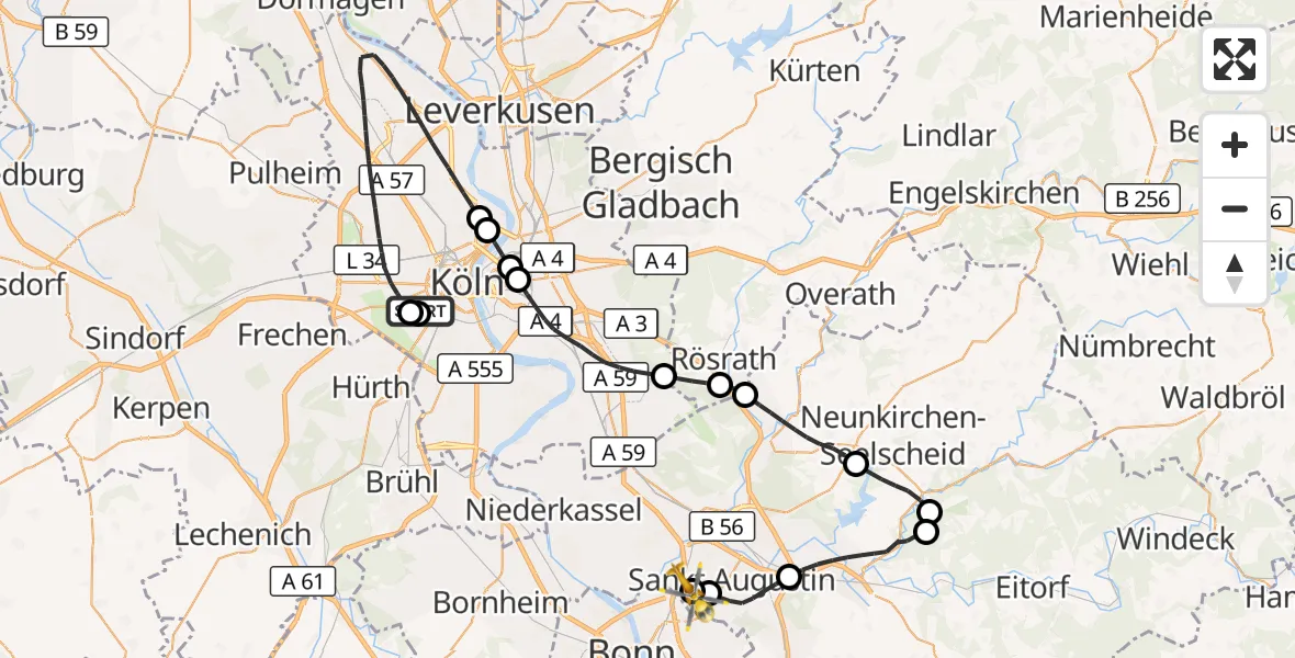 Flugroute Rettungshubschrauber Köln University Hospital - Sankt Augustin, 28 Juli 2026, 12:43