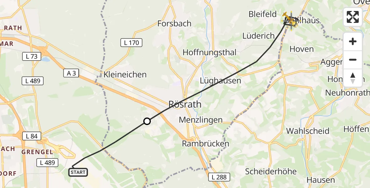 Flugroute Rettungshubschrauber Köln Bonn Flughafen - Rösrath, 28 Juli 2026, 12:44