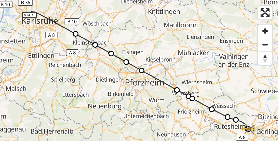 Flugroute Rettungshubschrauber Karlsruhe - Leonberg Hospital, 28 Juli 2026, 12:44