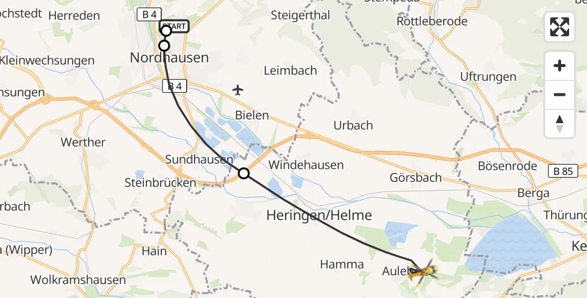 Flugroute Rettungshubschrauber Südharz Hospital Nordhausen - Heringen/Helme, 28 Juli 2026, 12:52