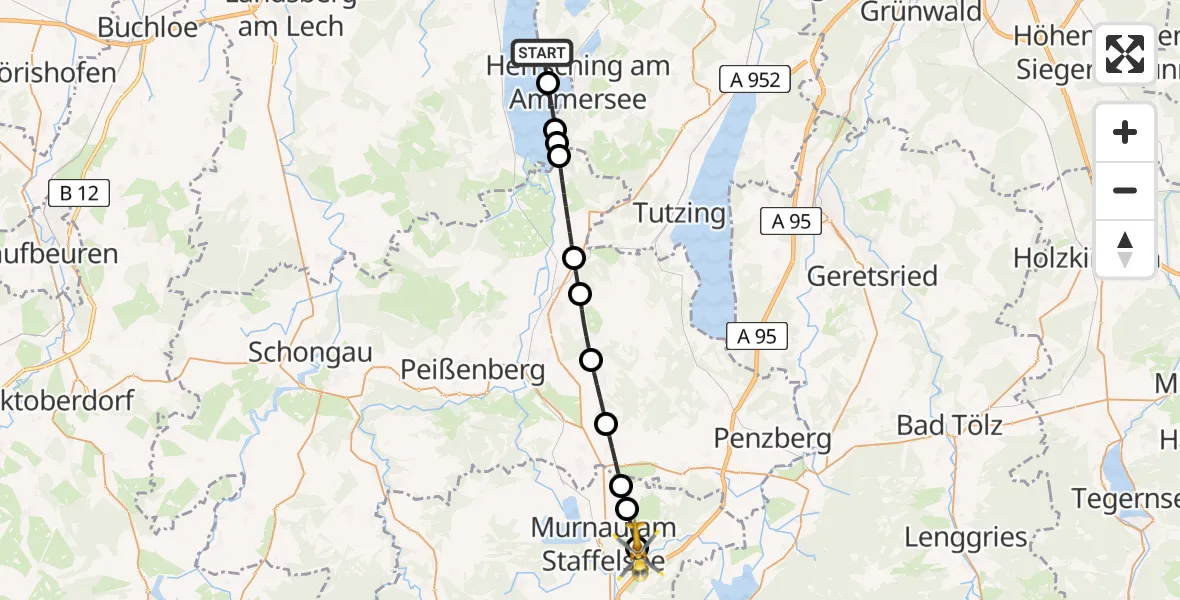 Flugroute Rettungshubschrauber Herrsching a.Ammersee - Riegsee, 28 Juli 2026, 12:56