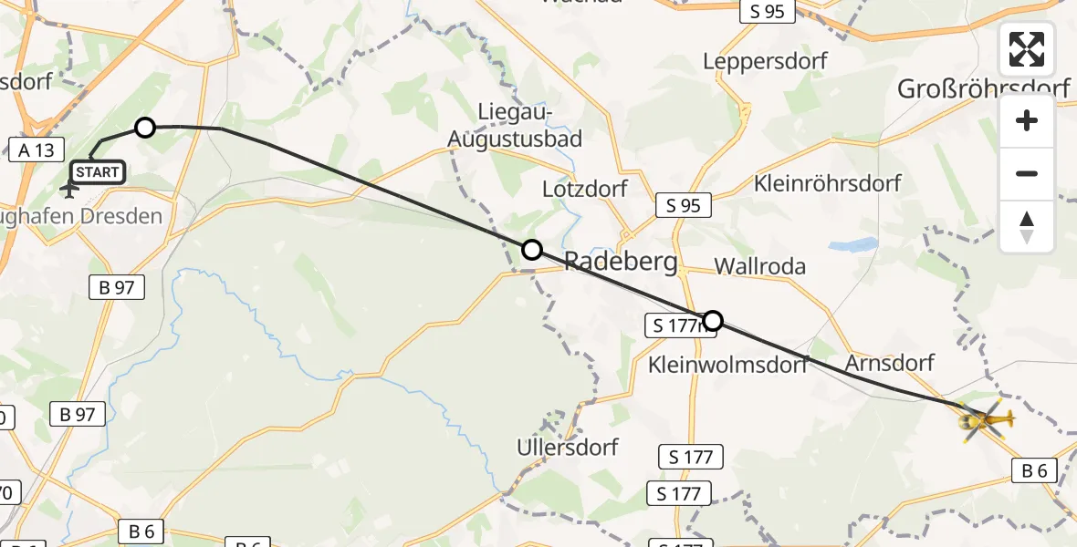 Flugroute Rettungshubschrauber Dresden Flughafen - Arnsdorf, 28 Juli 2026, 12:59