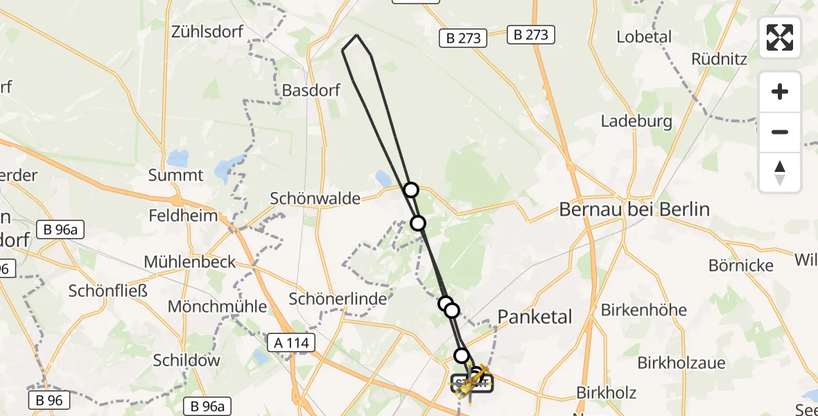 Flugroute Rettungshubschrauber Helios Clinic Berlin-Buch - Helios Clinic Berlin-Buch, 28 Juli 2026, 13:01