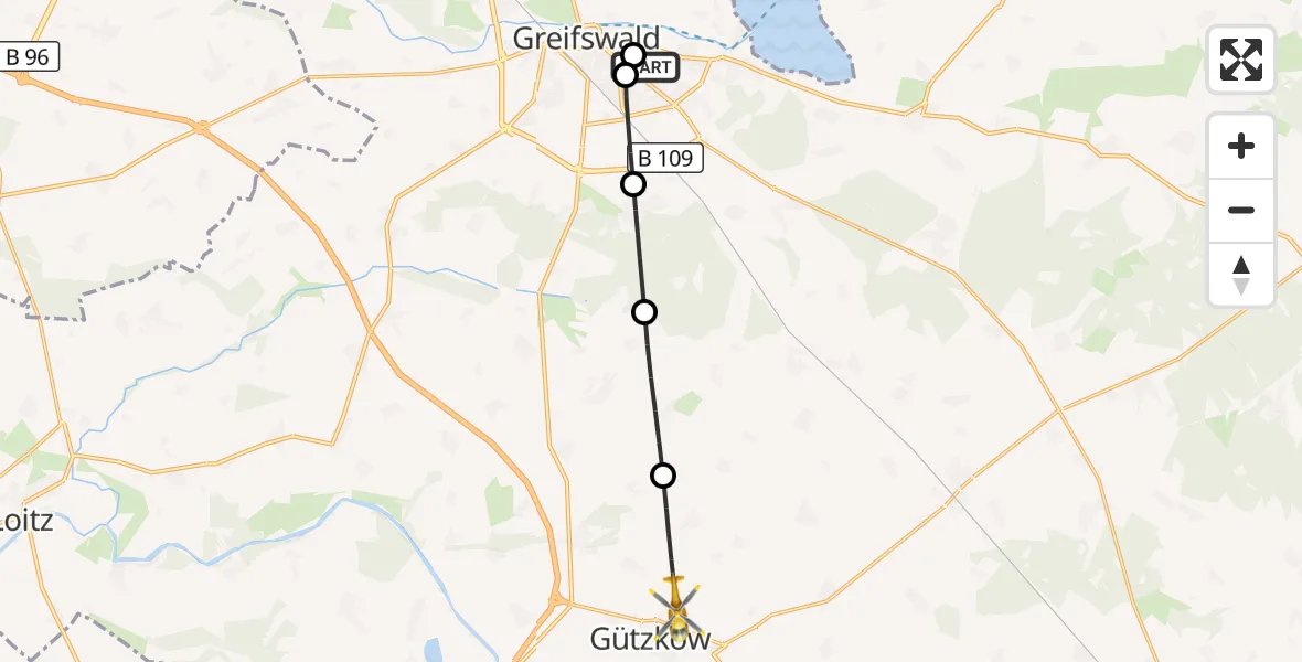 Flugroute Rettungshubschrauber Greifswald Hospital - Gützkow, 28 Juli 2026, 13:03