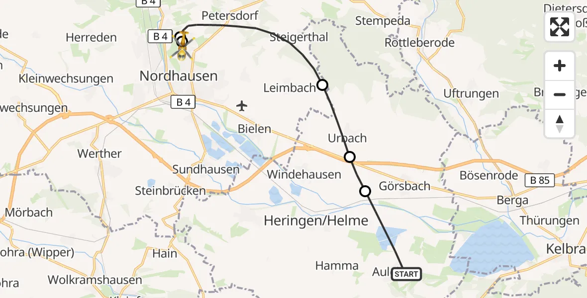 Flugroute Rettungshubschrauber Heringen/Helme - Südharz Hospital Nordhausen, 28 Juli 2026, 13:16