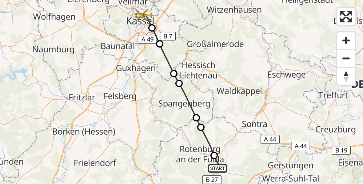 Flugroute Rettungshubschrauber Bebra - Kassel, 28 Juli 2026, 13:17