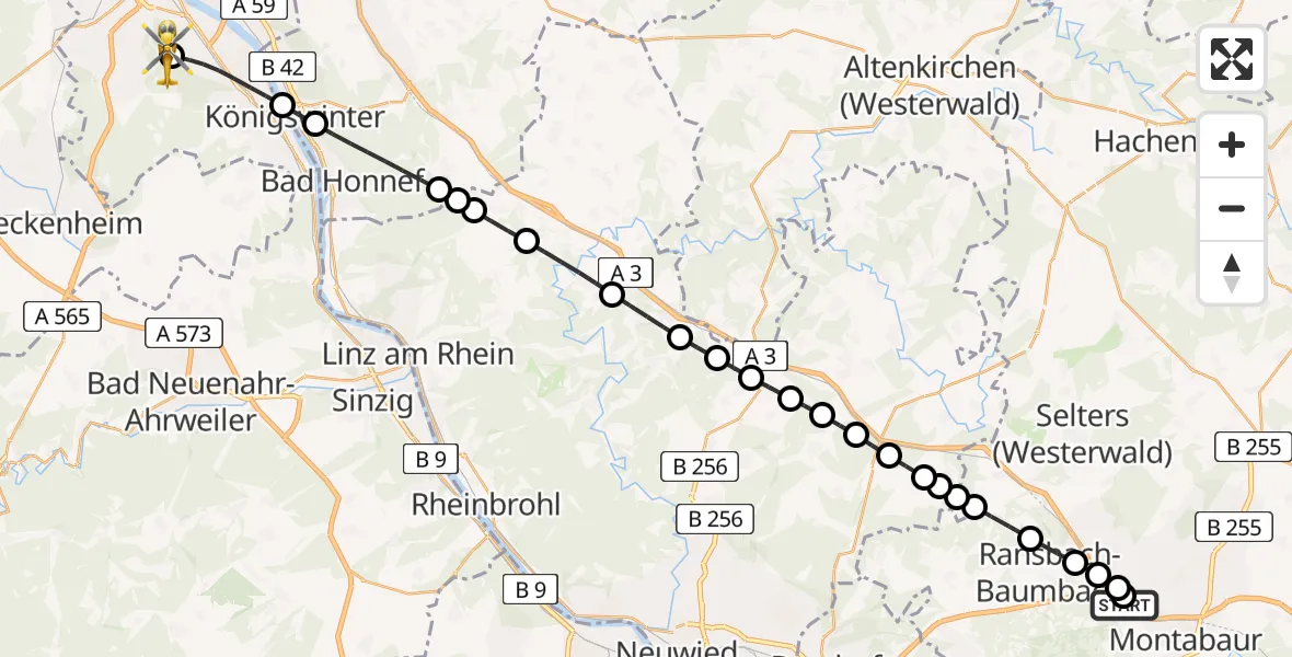 Flugroute Rettungshubschrauber Dernbach Sacred Heart Hospital - Bonn University Hospital, 28 Juli 2026, 13:17
