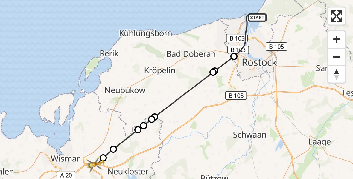 Flugroute Rettungshubschrauber Rostock - Zurow, 28 Juli 2026, 13:22