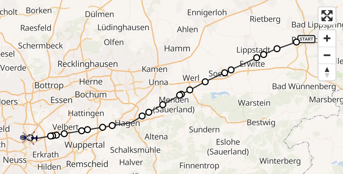 Flugroute Polizeihubschrauber Paderborn - Düsseldorf Flughafen, 28 Juli 2026, 13:25